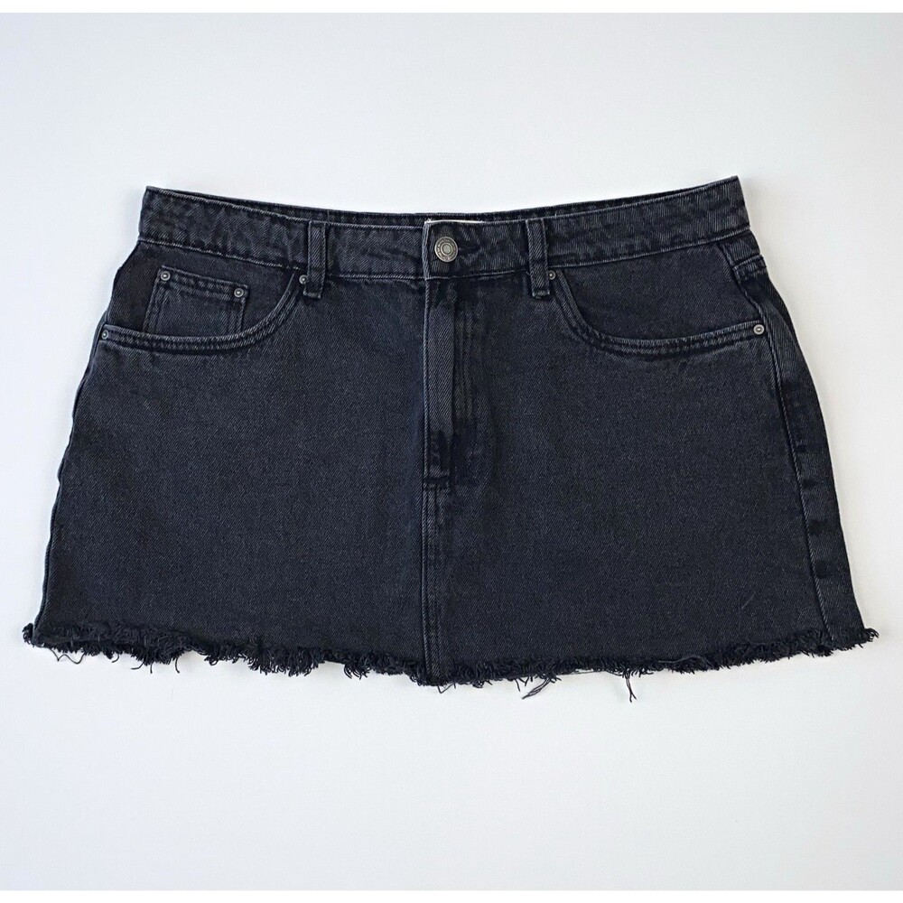 Cotton On Black Washed Denim Mini Skirt Size 32 Frayed Hem